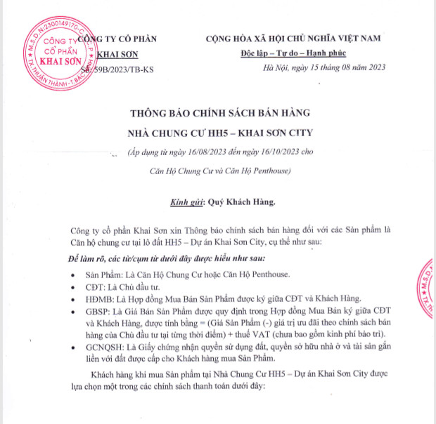 Chính sách bán hàng chung cư khai sơn city