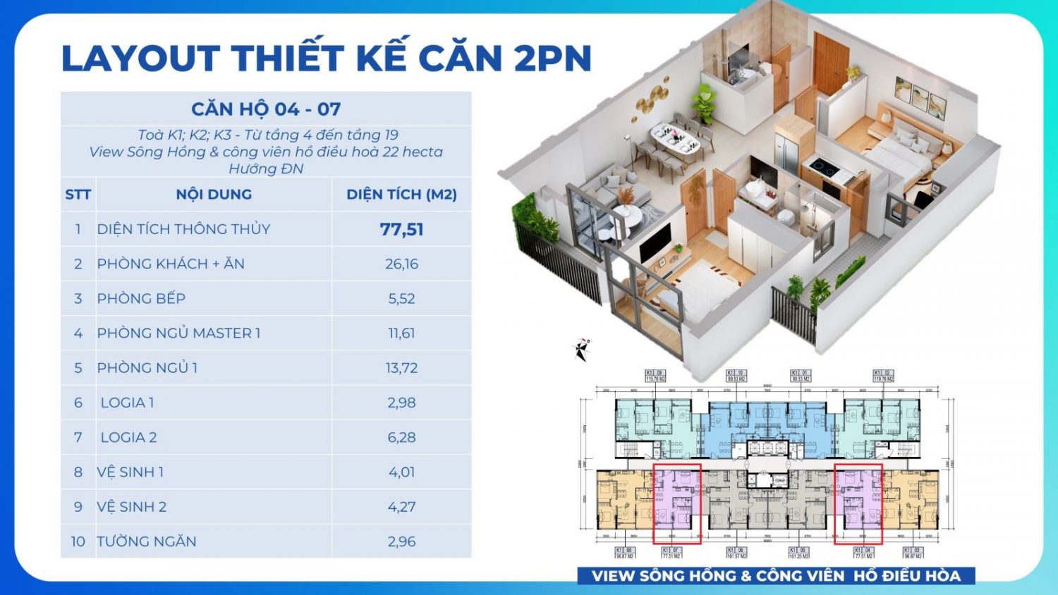 Căn hộ 2 phòng ngủ có diện tích từ 77.51m2 đến 89.53m2.