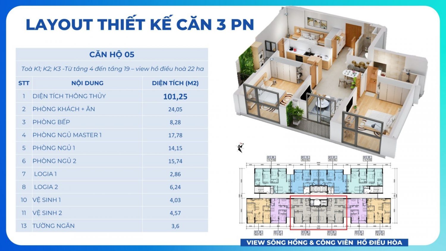 Căn hộ 3 phòng ngủ có diện tích từ 101m2